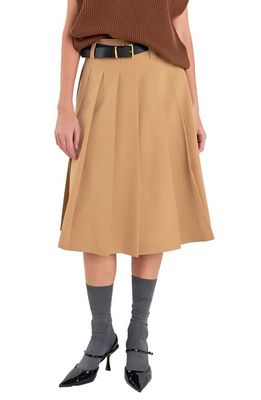 English Factory Pleated Midi Skirt in Tan