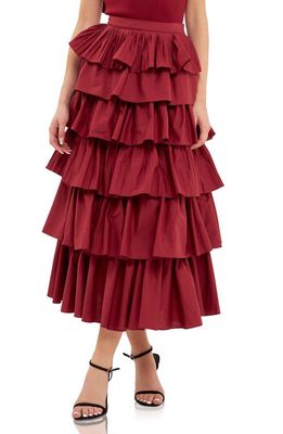 English Factory Pleated Tiered Maxi Skirt in Burgundy