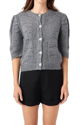 English Factory Pointelle Puff Sleeve Cardigan in Grey