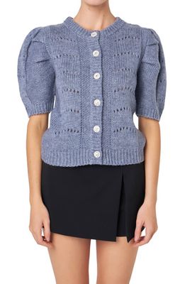 English Factory Pointelle Puff Sleeve Cardigan in Heather Blue