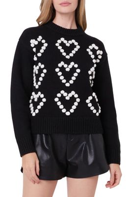 English Factory Pompom Heart Mock Neck Sweater in Black/Ivory