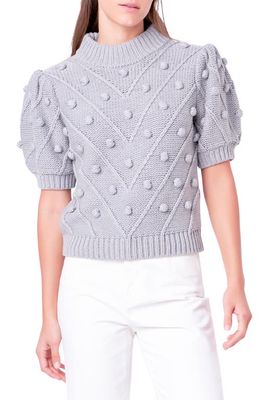 English Factory Pompom Puff Sleeve Sweater in Heather Grey