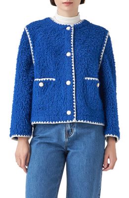 English Factory Premium Contrast Trim Faux Shearling Jacket in Blue/White