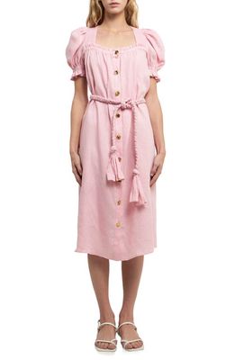 English Factory Puff Sleeve Button Front Linen Dress in Pink