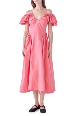 English Factory Puff Sleeve Cold Shoulder Midi Dress in Pink