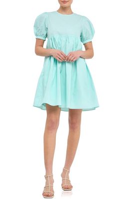 English Factory Puff Sleeve Cotton Babydoll Dress in Mint