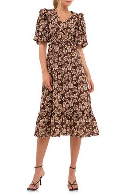 English Factory Puff Sleeve Floral Midi Dress in Chocolate