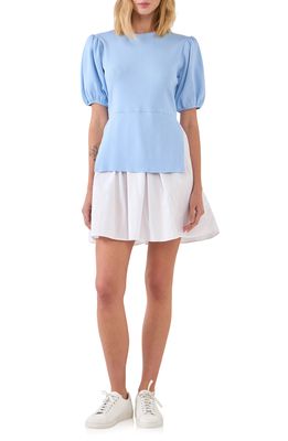 English Factory Puff Sleeve Layered Dress in Powder Blue/White