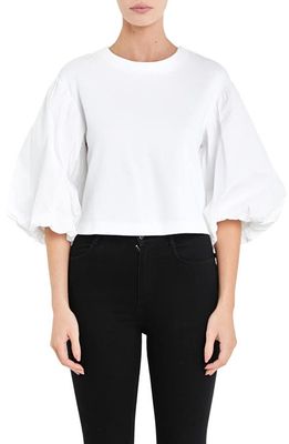English Factory Puff Sleeve Mixed Media Sweatshirt Top in White