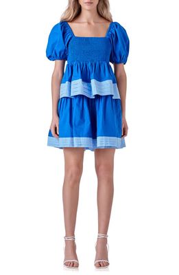English Factory Puff Sleeve Smocked Tiered Babydoll Dress in Blue Multi