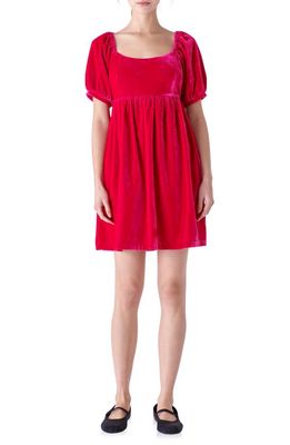 English Factory Puff Sleeve Velvet Babydoll Dress in Raspberry