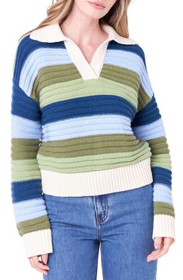 English Factory Rainbow Stripe Polo Sweater in Green Multi