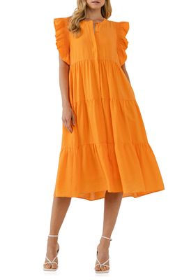 English Factory Ruffle Detail Button-Up Dress in Orange