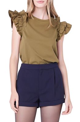 English Factory Ruffle Sleeve Mix Media Cotton Top in Olive