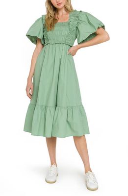 English Factory Ruffle Smocked Cotton Dress in Green