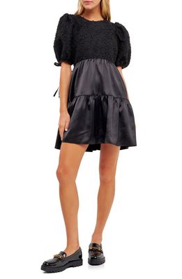 English Factory Satin Contrast Tweed Puff Sleeve Minidress in Black