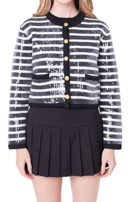 English Factory Sequin Stripe Cardigan in Black/Ivory