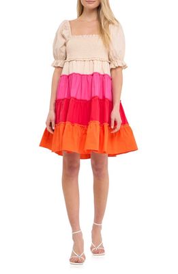 English Factory Smocked Colorblock Cotton Dress in Multi