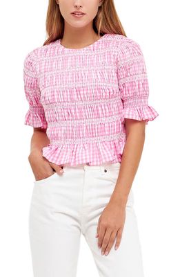 English Factory Smocked Gingham Puff Sleeve Top in Pink