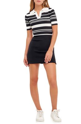 English Factory Stripe Body-Con Polo Sweater Dress in Black/Ivory