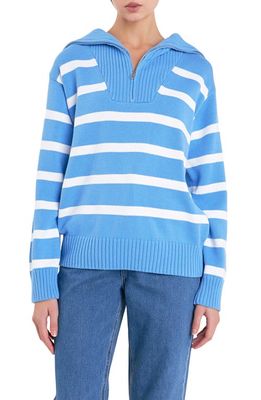 English Factory Stripe Cotton Zip Pullover in Blue/White