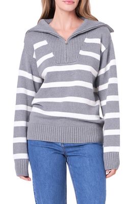 English Factory Stripe Cotton Zip Pullover in Heather Grey/White