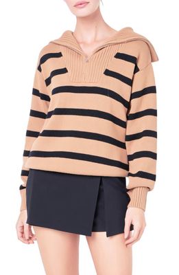 English Factory Stripe Cotton Zip Pullover in Tan/Black
