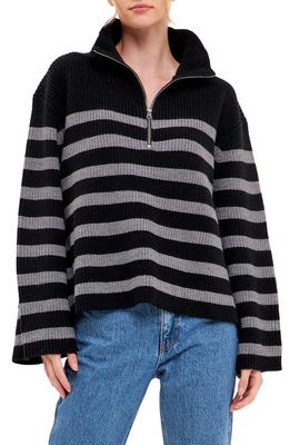 English Factory Stripe Half-Zip Sweater in Black/Grey Stripe