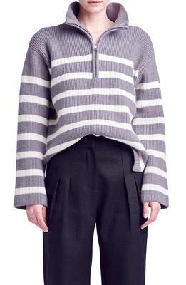 English Factory Stripe Half Zip Sweater in Grey/Cream