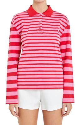 English Factory Stripe Long Sleeve Polo in Pink/Red