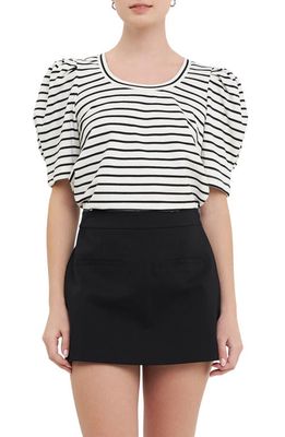 English Factory Stripe Pleated Puff Sleeve T-Shirt in White/Black