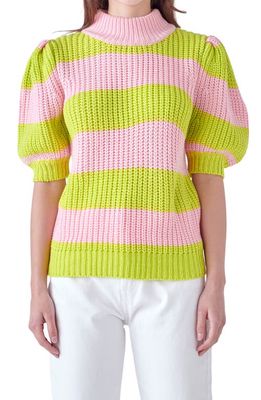 English Factory Stripe Puff Shoulder Mock Neck Sweater in Pink/Green