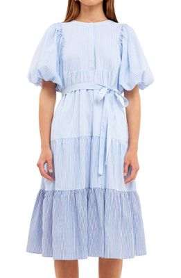 English Factory Stripe Puff Sleeve Dress in Blue