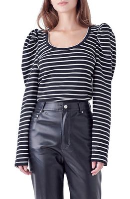 English Factory Stripe Puff Sleeve Knit Top in Black/White