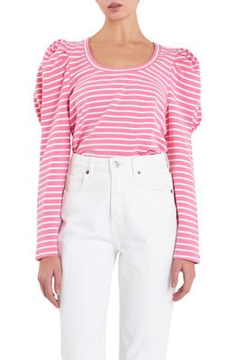 English Factory Stripe Puff Sleeve Knit Top in Pink/White