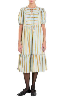 English Factory Stripe Puff Sleeve Midi Dress in Sage Multi