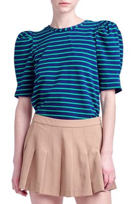 English Factory Stripe Puff Sleeve Top in Navy/Green