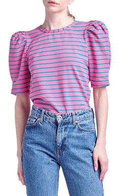 English Factory Stripe Puff Sleeve Top in Pink/Green