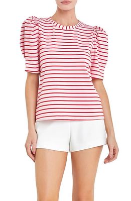 English Factory Stripe Puff Sleeve Top in Pink/Red