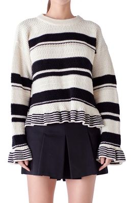 English Factory Stripe Ruffle Cuff Sweater in Ivory/Black