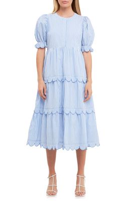 English Factory Stripe Scallop Edge Tiered Midi Dress in Blue Stripe