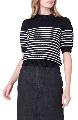English Factory Stripe Short Puff Sleeve Sweater in Black/White