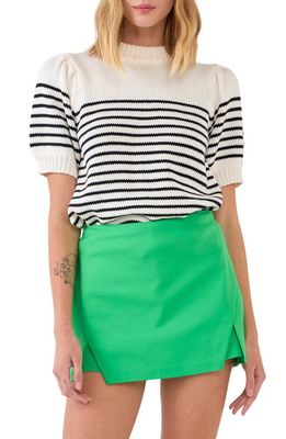 English Factory Stripe Short Puff Sleeve Sweater in White/Black