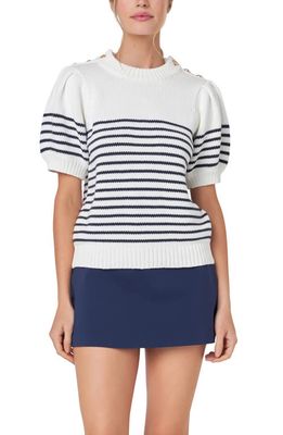 English Factory Stripe Short Sleeve Cotton Sweater in White/Navy