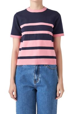 English Factory Stripe Short Sleeve Sweater in Blue/Pink