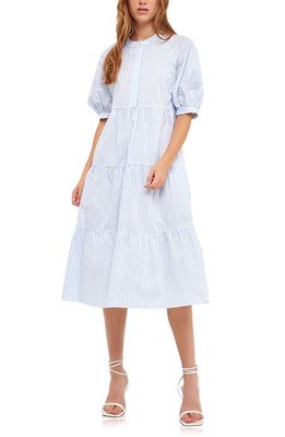 English Factory Stripe Tiered Midi Dress in Powder Blue Stripe
