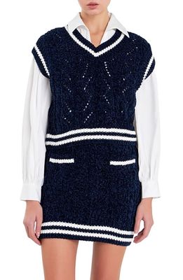 English Factory Stripe Trim Chenille Sweater Vest in Navy/White