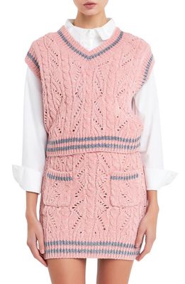 English Factory Stripe Trim Chenille Sweater Vest in Pink/Grey