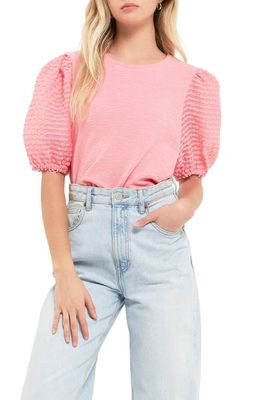 English Factory Textured Mixed Media Puff Sleeve Top in Pink