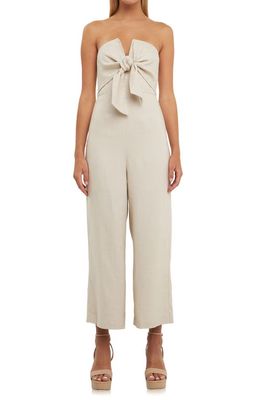 English Factory Tie Front Strapless Linen Jumpsuit in Tan